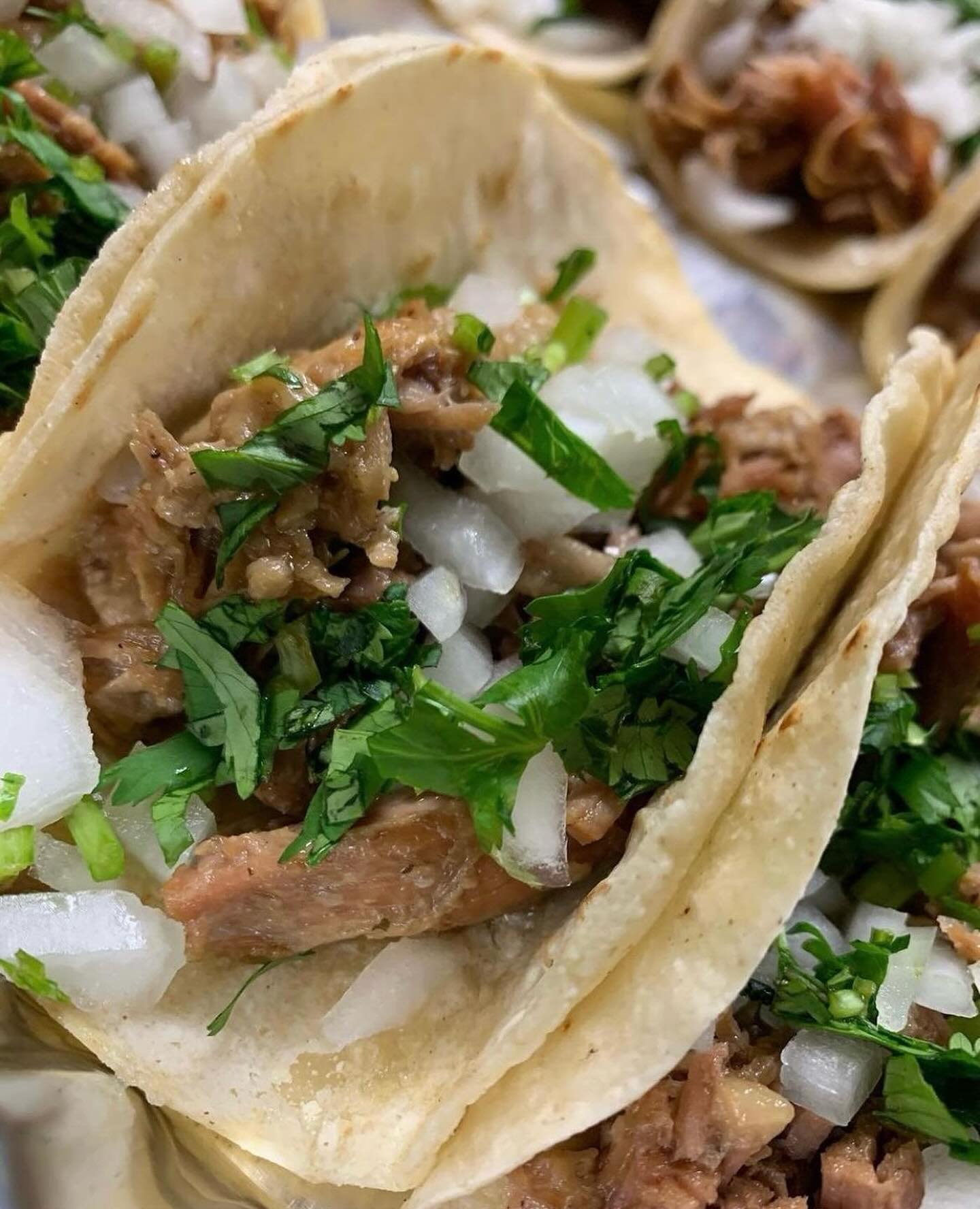 A close-up of a taco filled with seasoned meat, chopped onions, and fresh cilantro, wrapped in a soft tortilla.