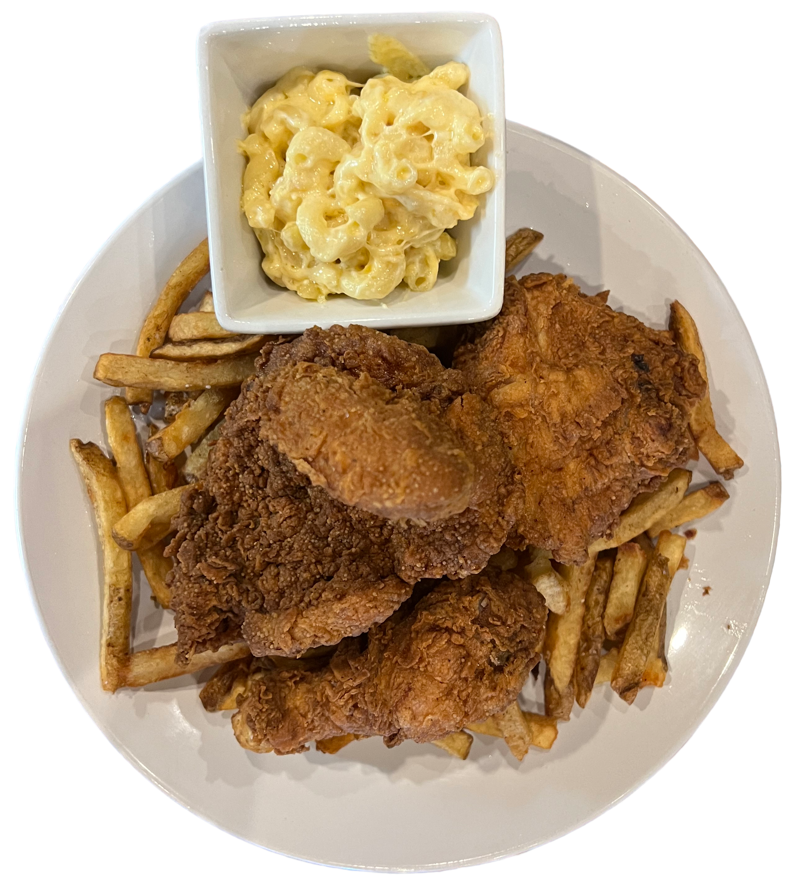 Plate with fried chicken and fries, served with a side of macaroni and cheese in a small dish.