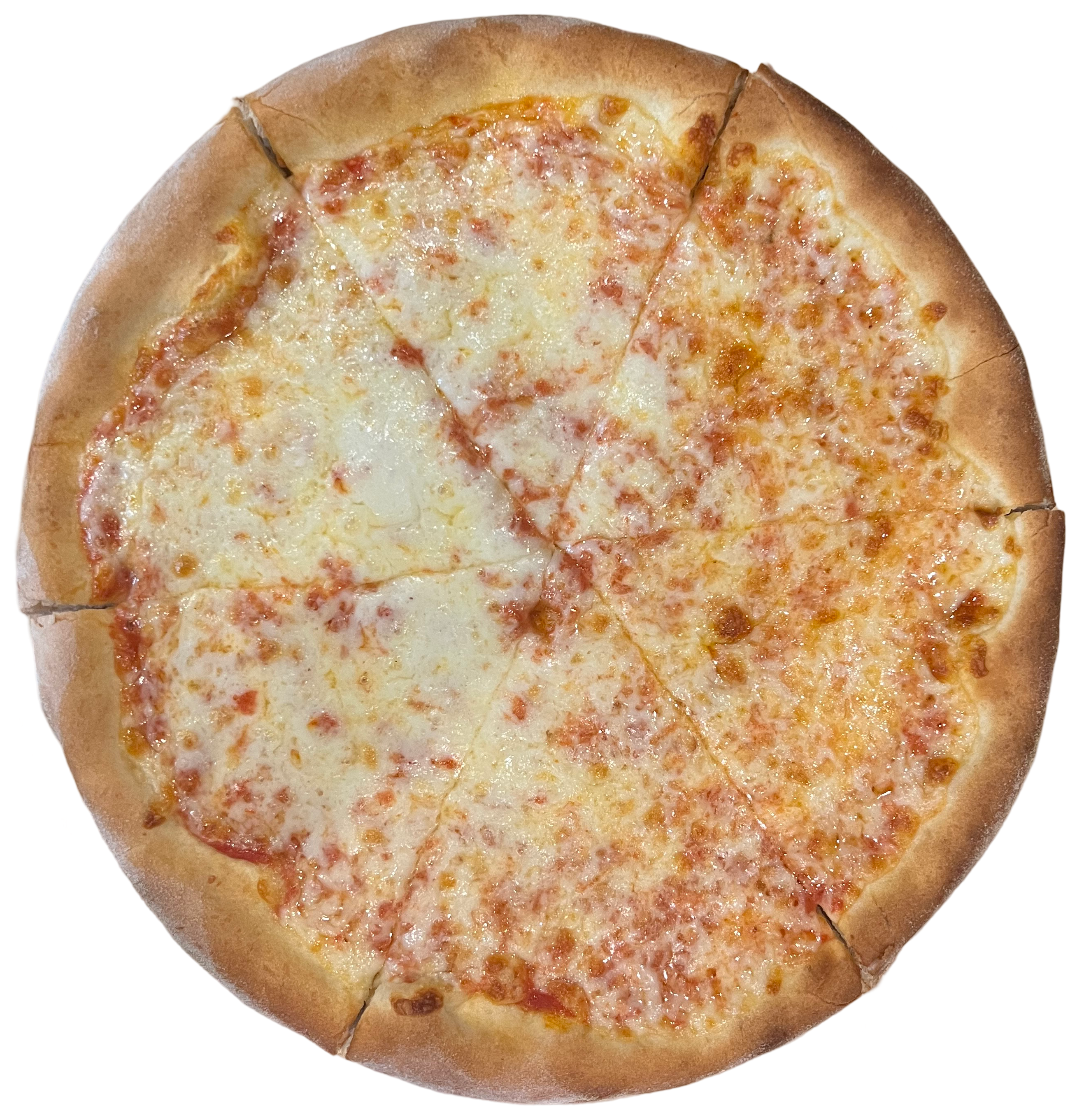 A whole cheese pizza cut into eight slices, with a golden-brown crust and melted cheese topping.